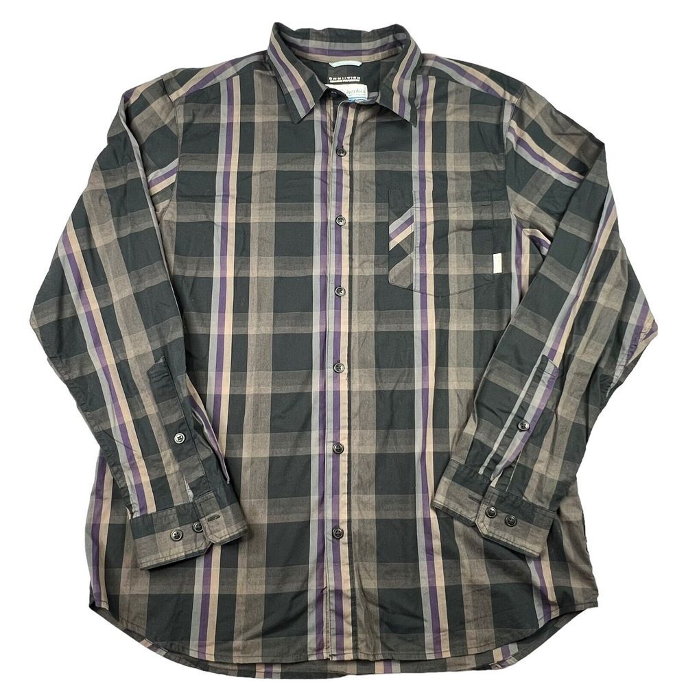 Columbia Mens Button Up Shirt Size Large Omni Wick Black Purple Plaid Long Sleev